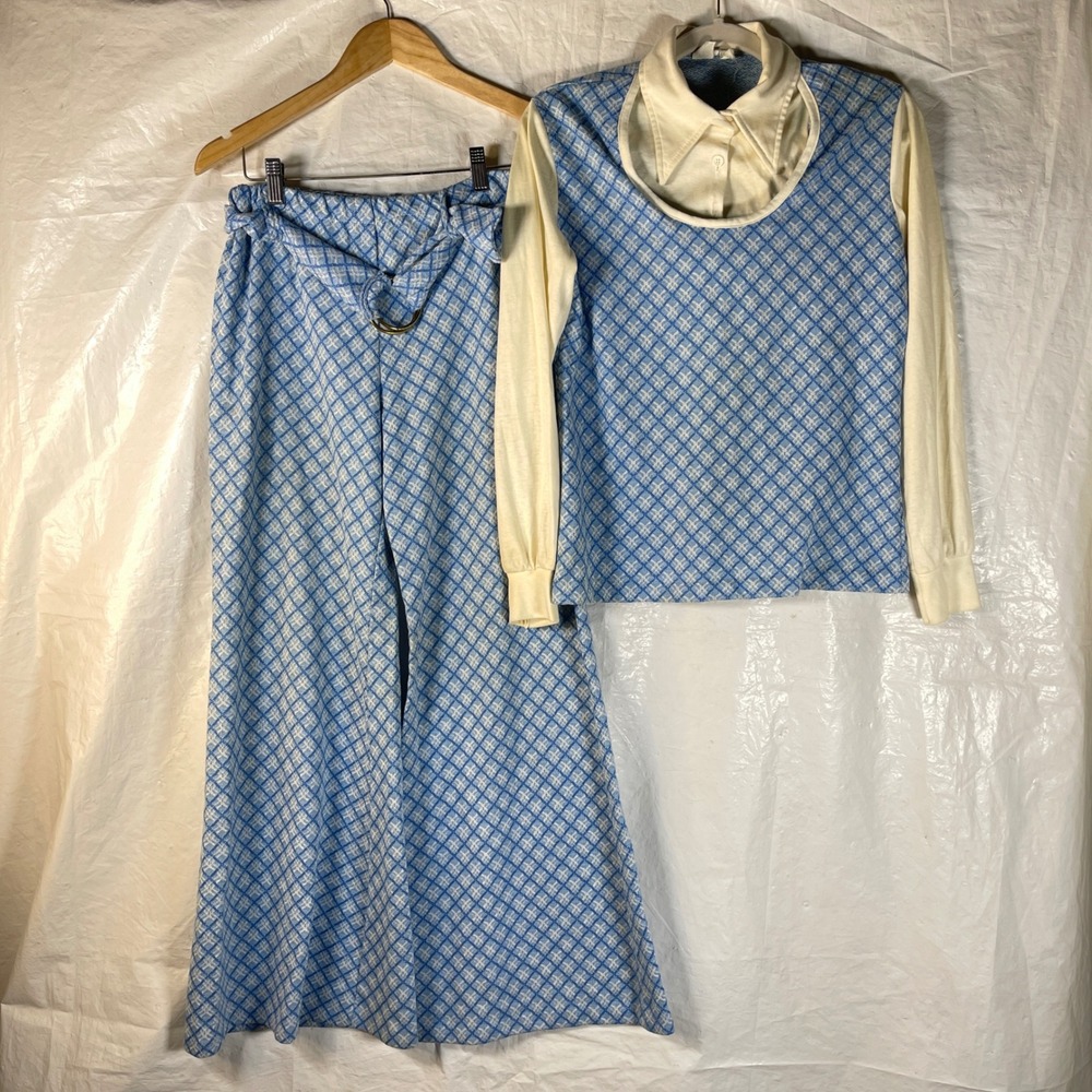 Vintage 70s Mister Marty California Blue Geometric Wide Leg Pants Set Costume
